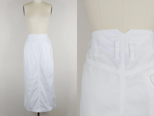 1990S Liz Wear White Cotton Twill Pencil Skirt | Vintage 90S High Waist Straight With Pockets Womens Clothing