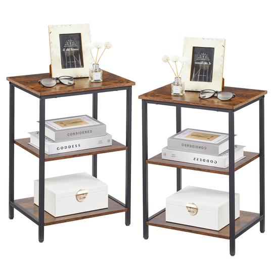 Set of 2 End Table With Wood Storage Shelf, 3-Tier Bedside Sofa Side End Table Storage Display Shelf
