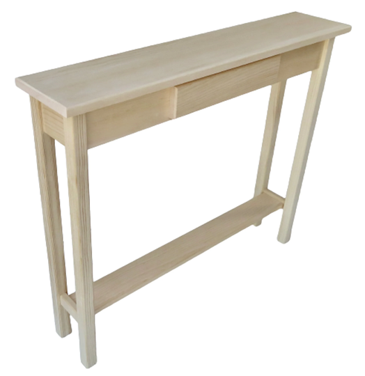Unfinished Pine Narrow Shaker Console Sofa Wall Table With Bottom Shelf & False Drawer - 36" Long X 7.5" Deep 30" Tall