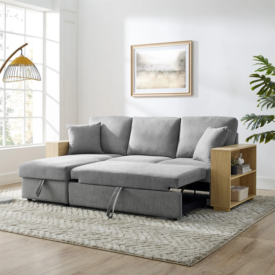 Grey Sectional Sofa with Pulled Out Bed Reversible Chaise with Storage