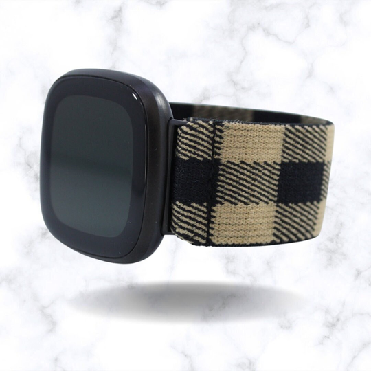 Elastic Fitbit Sense/Versa 3 Watch Band - Fits & Tan Brown Buffalo Plaid Black Holiday Winter Fall Spring Boho