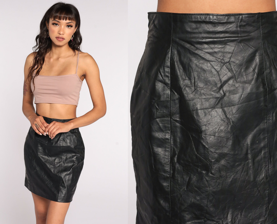 Black Leather Skirt 90S Mini Wiggle Pencil Party Goth Punk 1990S Vintage High Waist Hipster Small S