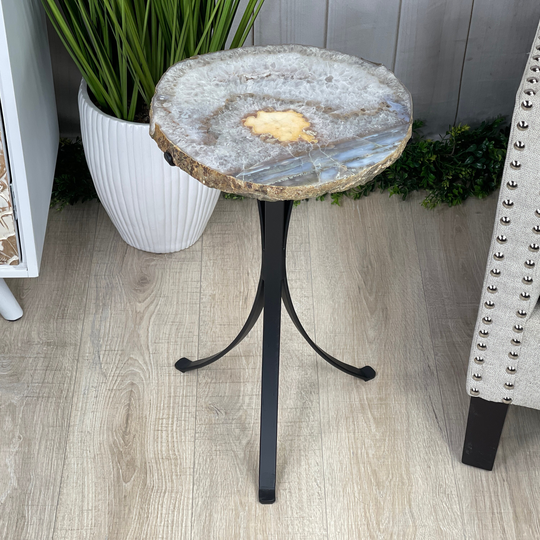 Natural Brazilian Agate Side Table, Single Slice On A Black Metal Base, 22" Tall #1305-0103 By Brazil Gems