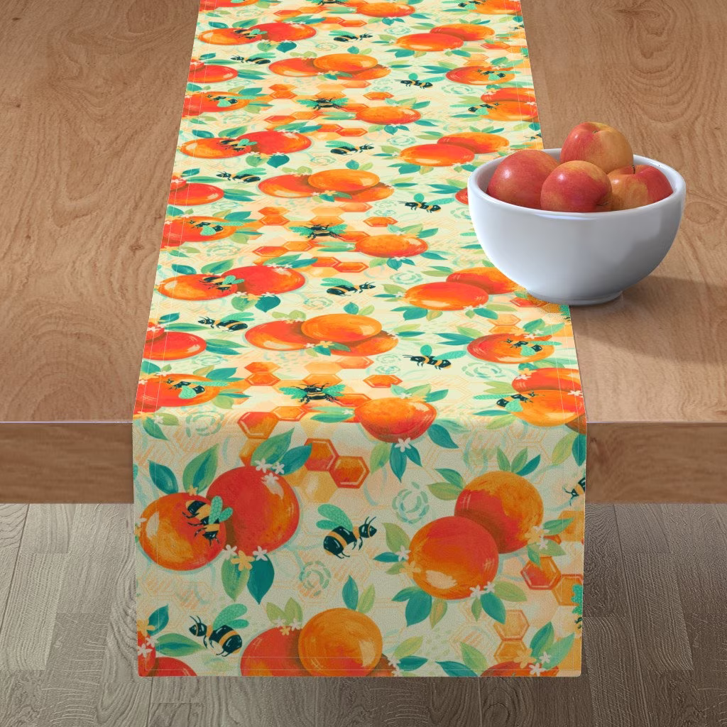 Citrus Summer Table Runner - Bees-And-Oranges By Grace Andersson Oranges Teal Blue Honeybees Cotton Sateen Spoonflower