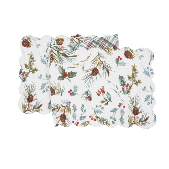 Edith Quilted Reversible Holly Botanical Table Runner - White