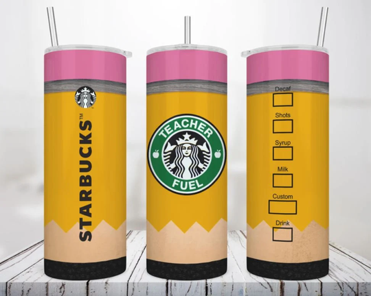 20 Oz Skinny Tumbler, Teacher Fuel, Pencil, Stainless Steel Tumbler