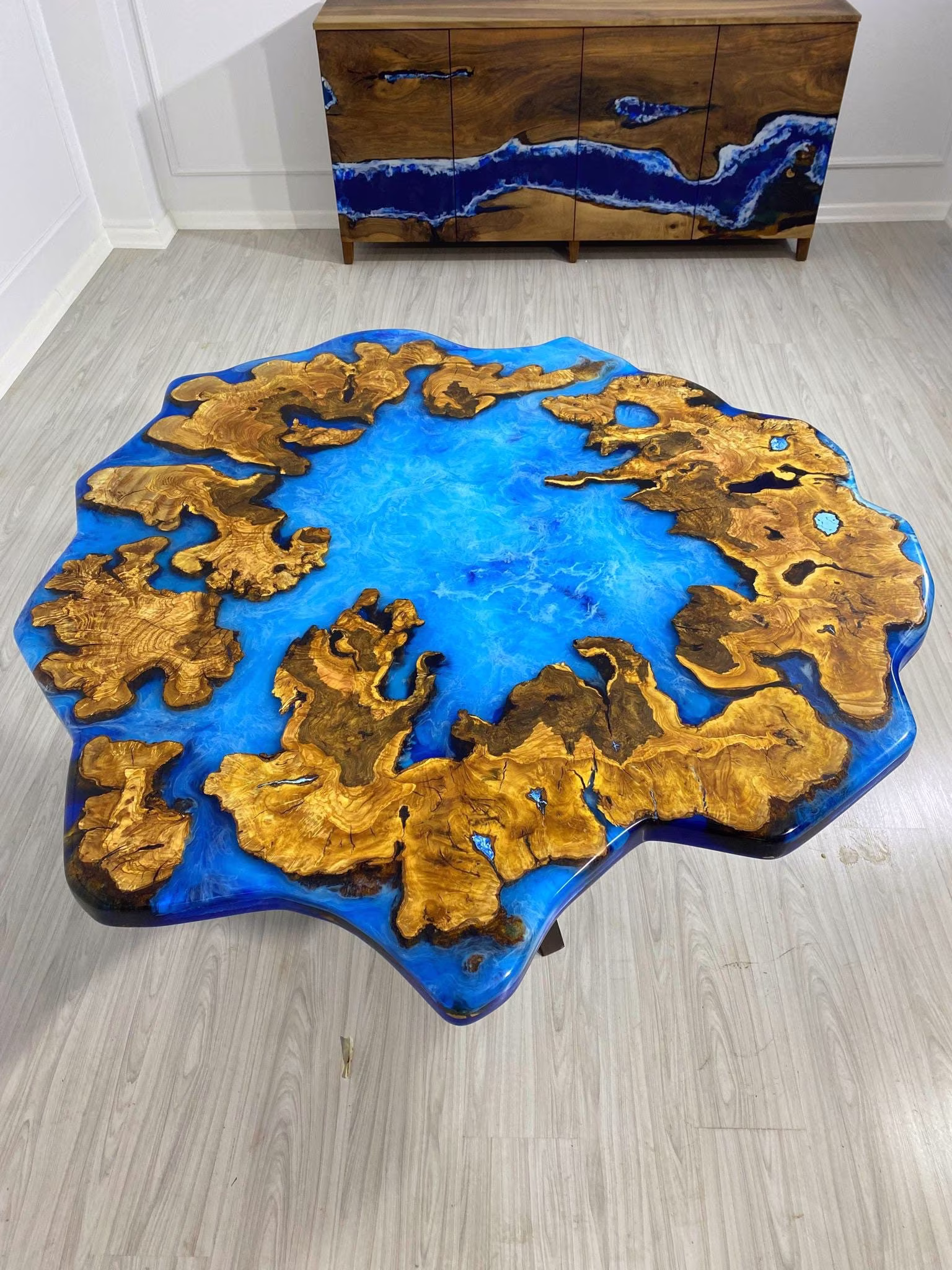Round Dining Table, Handmade Custom 56" Diameter Olive Wood Blue Epoxy Resin Order For Tyler