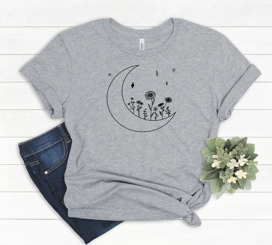 Comfort Color Flower Moon Shirt, Crescent With Flowers Shirts, Graphic Wildflower Tshirt, Floral Tshirt #29