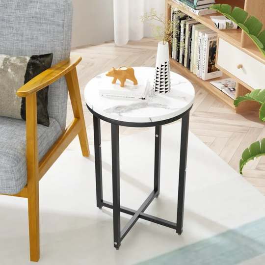 Faux Marble Round End Table Modern Sofa Side Table, Bedroom Nightstand Small Accent Table for Living Room Home Decor