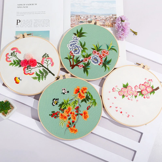 Chinese Flower Pattern Diy Embroidery Art Kit, Floral Needlework Kit For Beginner, Wall