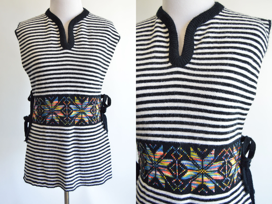 Side Tie Poncho Vest Knit Black White Stripe Colorful Rainbow Nordic Snowflake Print Unique Vintage 1960S 1970S Sleeveless Smock