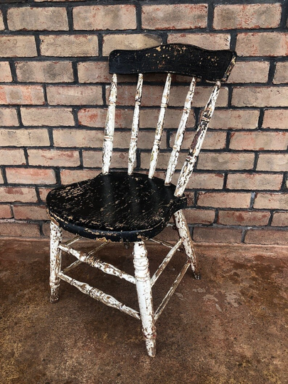 Vintage Chippy Painted Farm Chair, Rustic House Primitive, Black & White, Kitchen Dining Desk Cottage