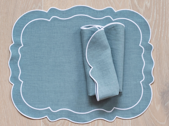 Pale Mint Linen Scalloped Table Mats With Double White Trim For Decor 15x18'' Size