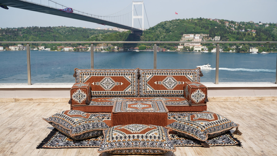Brown Turkish Floor Sofas, Ethnic Cushions, Window Seat, Terrace Garden Couch, Sofa Seating, Arabic Majlis, Moroccan Livingroom Couch