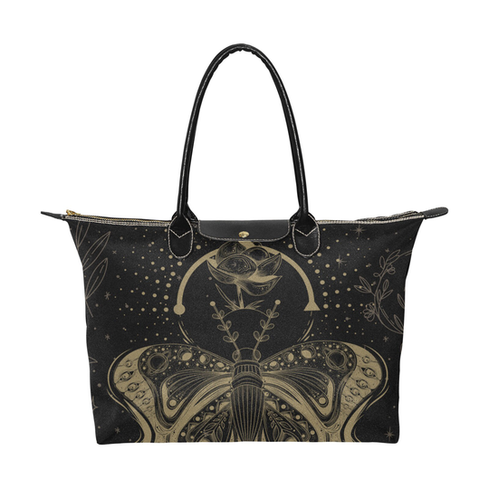 Witch Lotus Moon Phase Moth Handbag, Witchy Boho Zip Tote, Pagan Occult Aesthetic Art Bag With Vegan Leather Handles Women Laptop