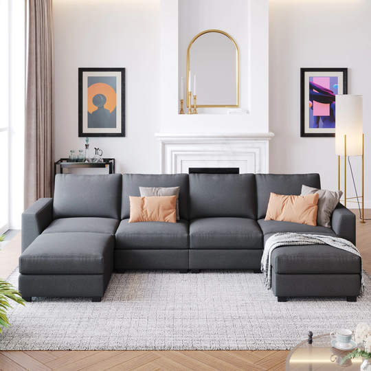 131"W Modern 3 Pieces Upholstered U-Shaped Sectional Sofa Sets with Removable Ottomans & Solid Wood Frame for Living Room