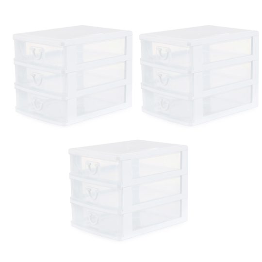 Gracious Living Clear Mini 3 Drawer Desk Organizer with White Finish, 3 Pack - 3.7