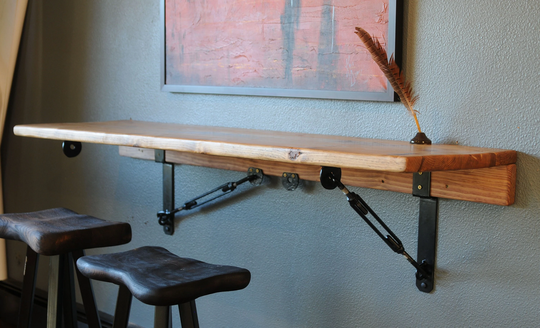 Wall Hanging Folding Dining Table, Murphy School Desk, Breakfast Nook With Forged Industrial Metal Wall Turnbuckle Brackets