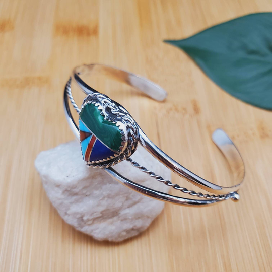 Socute925 Dainty Multicolor Heart Cuff Bracelet | Sterling Silver Inlay Southwest Made in Usa
