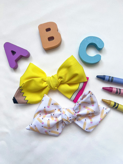 Yellow Pencils Back To School Bow/1st Day Of School/Big Girl/Toddler/Kindergarten/White Pencil Bow/Pigtail Bow Set