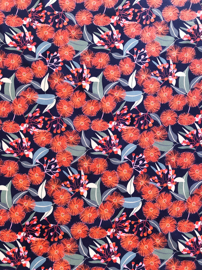 Orange Gum Flower Blooming Navy Blue Floral Quilting Cotton Fabric By 1/2 Yard Or Fat Quarter, Australian Native