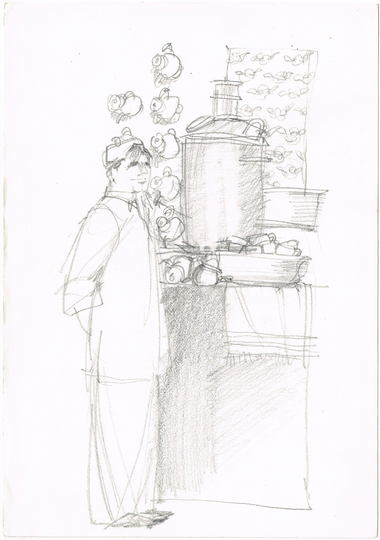 Vintage Original 1980S Small A5 Pencil Drawing, Time For Tea By Illustrator Salim Patel
