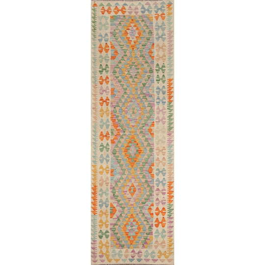 Multi-Color Geometric Kilim Oriental Runner Rug Flat-weave Wool Carpet - 2'7"x 10'0"