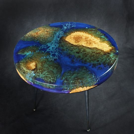 Ocean Coffee Table, Blue Epoxy Resin Artistic Side Table Art, Modern Home Decoration, River Solid Wooden