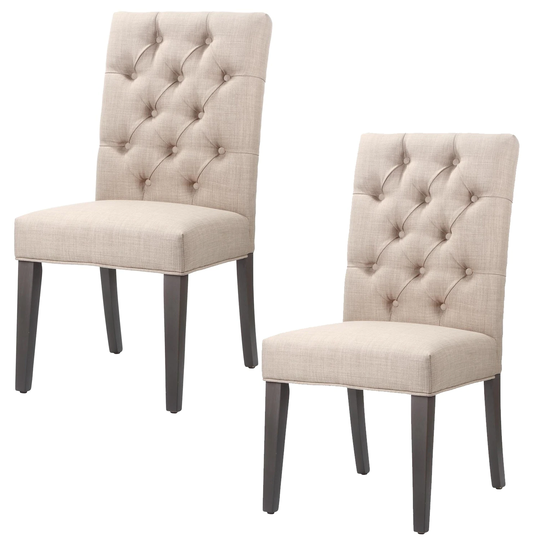 Fabric Upholstered Wooden Chair with Button Tufting, Set of 2, Beige and Black