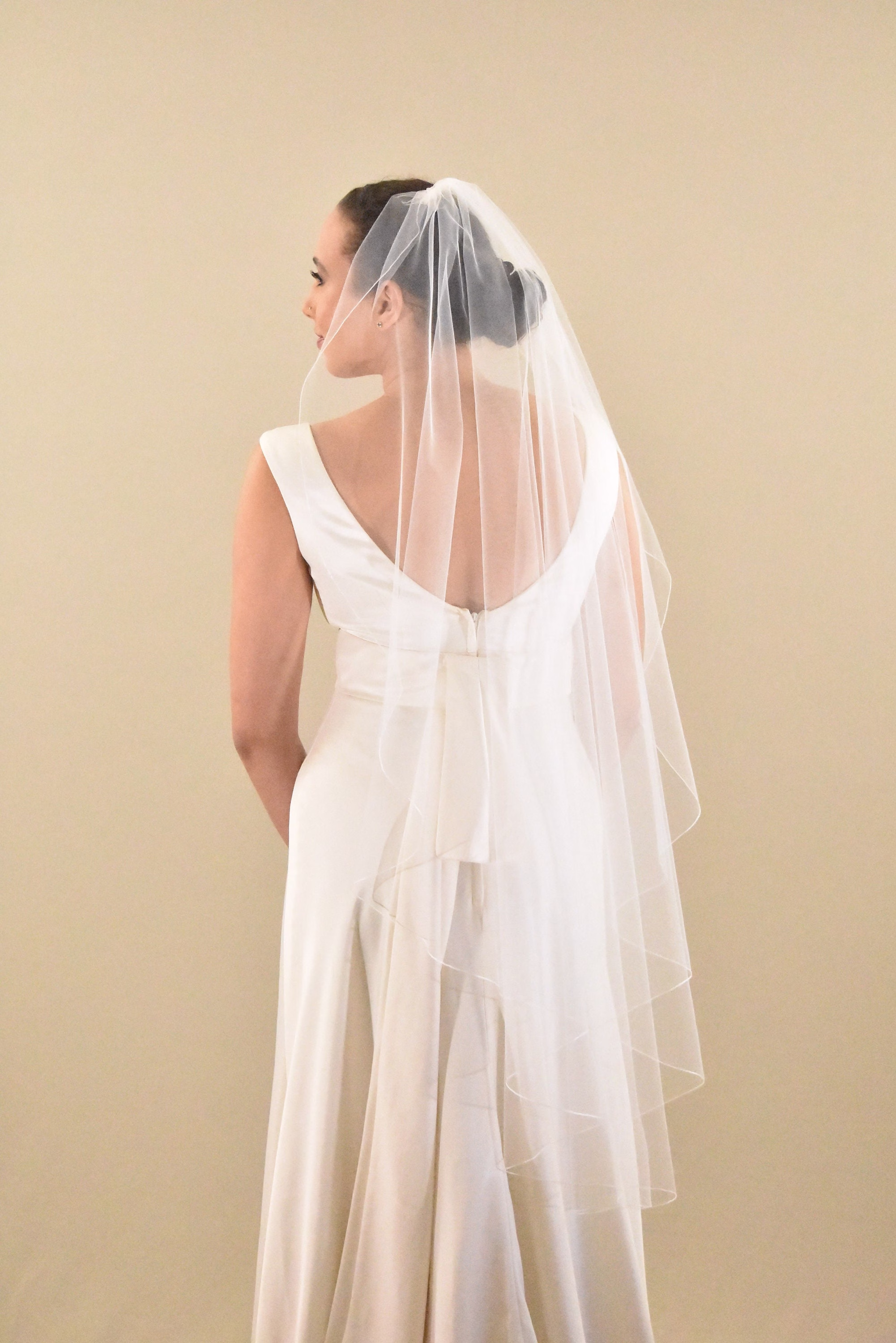 Angel Cut Mid Length Veil With Pencil Edge | Waterfall Knee Cascading Ballet Waltz