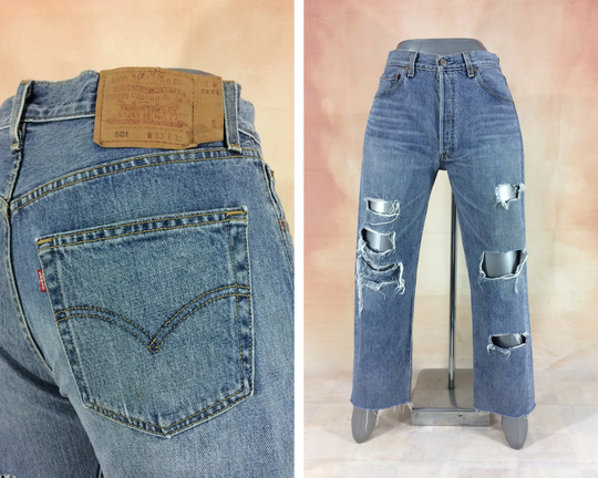 Size 31 Vintage Levis 501 Distressed Ripped Light Wash Button Fly Jeans Regular Fit Straight Leg Y2K's Classic Made in Usa