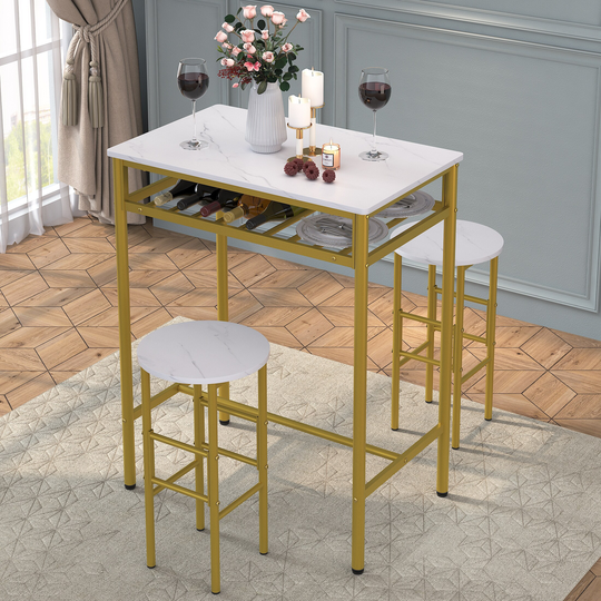 Elephance 3-Piece Bar Table Set, Counter Height Dining Table Set Kitchen Pub Bistro Table with 2 Stools and Open Storage Rack