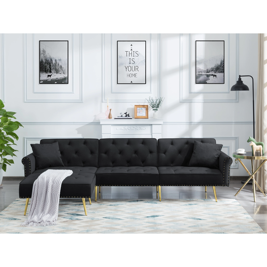 Glam Velvet Upholstered L-Shape Sectional Sofa Set Sleeper Sofa