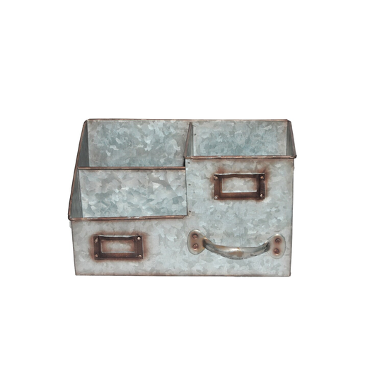 Three Bin Galvanized Metal Desk Organiser with Attached Label Slots, Gray - 6.5 H x 6.5 W x 11.5 L Inches