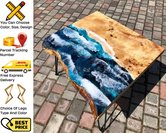 Epoxy Dining Table, Living Room River Table Resin, Ocean Custom Wood Slab