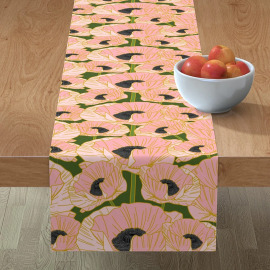 Art Nouveau Table Runner - Pink Poppy By Haleeholland Blush Poppies Botanical Garden Cotton Sateen Spoonflower