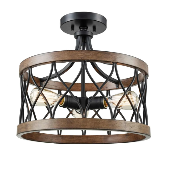 Evry Industrial Semi Flush Ceiling Light Wood Grain Metal Drum Shade - Wood Grain & Black