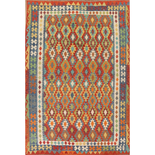Flat-weave Geometric Kilim Area Rug Reversible Multi-Color Wool Carpet - 8'5" x 11'7"