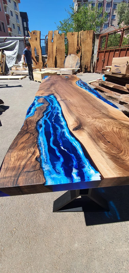 River Table, Custom 90" X 24" Walnut Ocean Blue, Turquoise White Waves Epoxy Live Edge Order For Lisa Jeff