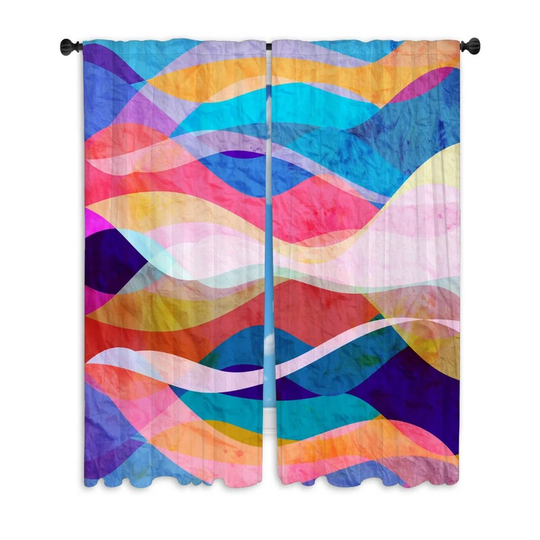Abstract Colorful Window Curtains Multicolored Waves Blue Pink & Yellow Drapes Contemporary Theme Curtain Panel Groovy