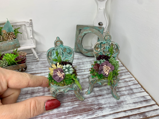 Miniature Dollhouse Succulent Chair Planter With An Aged Blue Green Patina, Miniature Garden Or Greenhouse