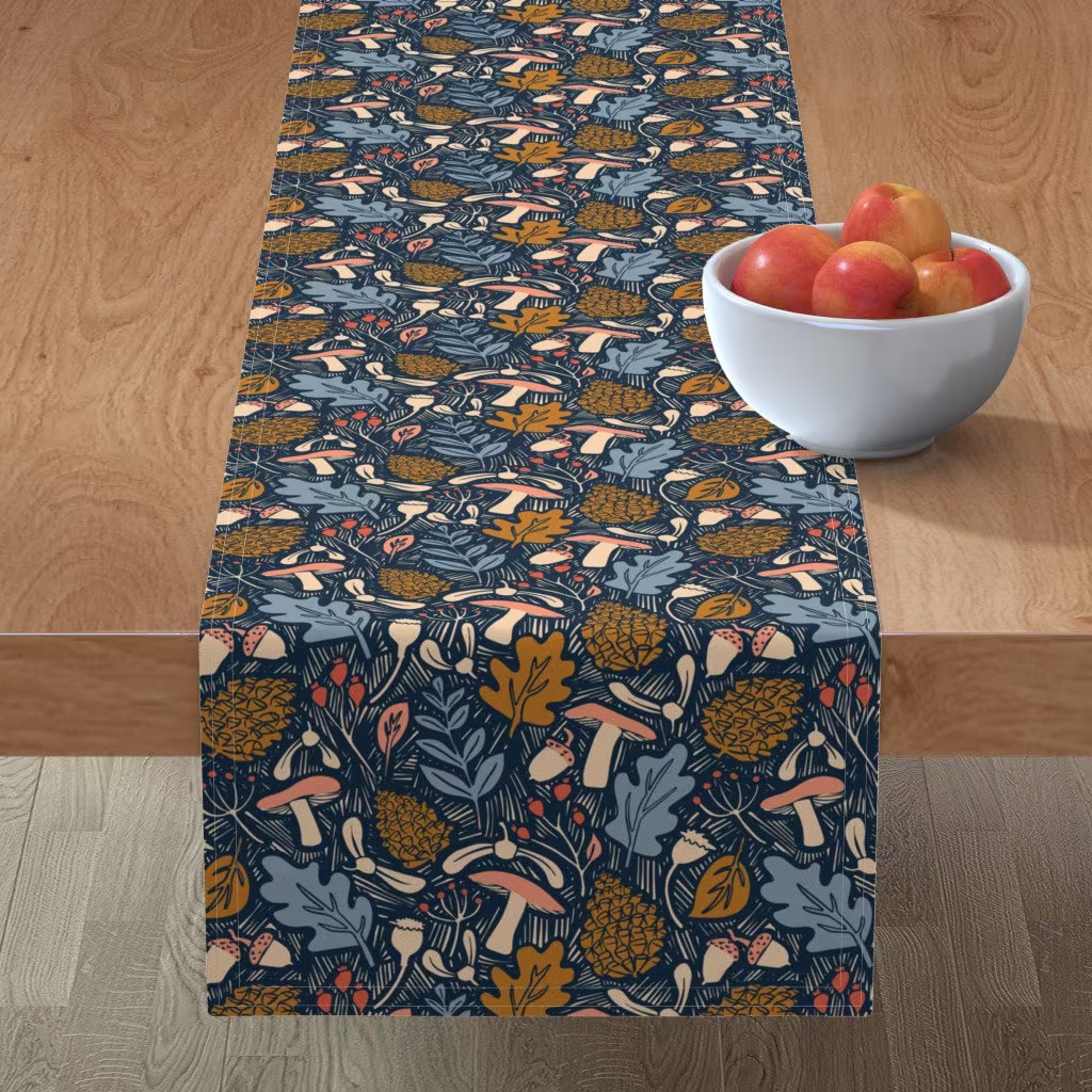 Forest Plants Table Runner - Autumn Botanicals Linocut By Asya Su Leaves Berries Pine Cotton Sateen Spoonflower