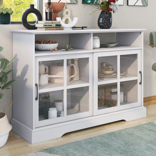 Modern Kitchen Sideboard Buffet with 2 Glass Sliding Doors and Adjustable Shelves Storage Cabinet