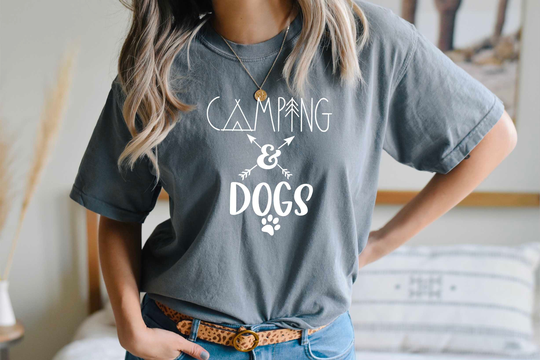 Comfort Colors Camping & Dogs Shirt, Soft Cozy Tshirt, Dog Lover Vacation Hiking Shirt