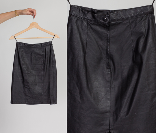 80S Black Leather Mini Skirt - Extra Small | Vintage Winlit High Waist Pencil