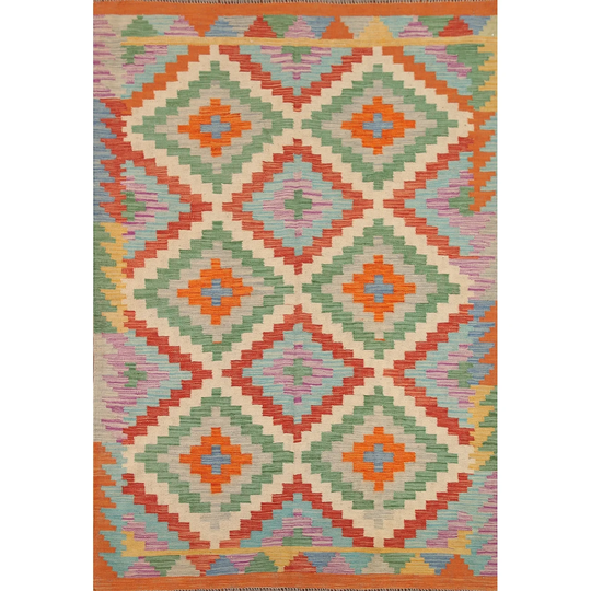Colorful Southwestern Kilim Geometric Rug Hand-woven Wool Carpet - 4'11"x 6'7"