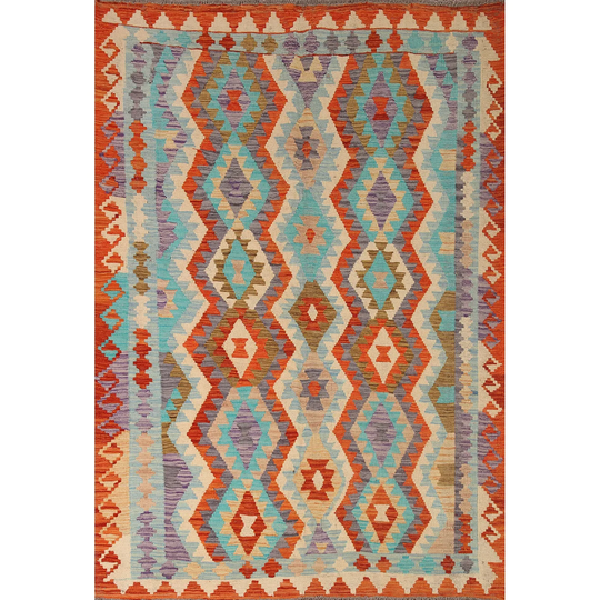 Multi-Color Kilim Area Rug Hand-woven Geometric Wool Carpet - 5'4" x 6'11"