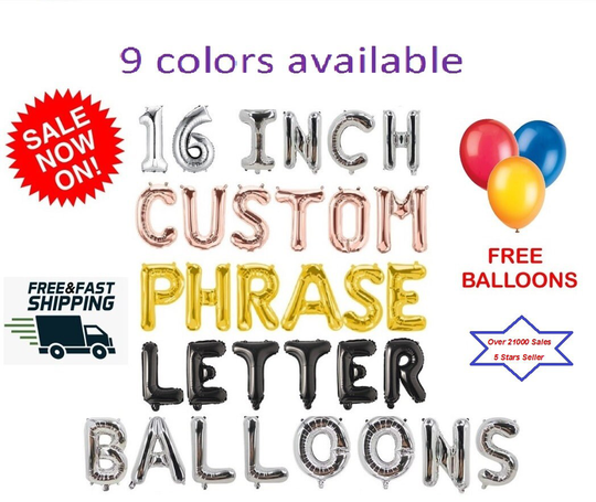 Letter, Number Foil Balloons 16" | 9 Color Available Black, Gold, Rose Gold & Silver Create Your Own Phrase/Name/Number/Word