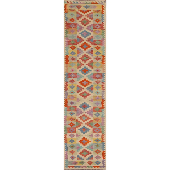 Geometric Kilim Multi-Color Runner Rug Hand-woven Oriental Wool Carpet - 2'7"x 12'9"