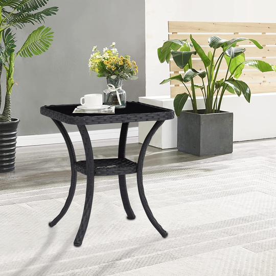 Patio Outdoor PE Wicker Side Table, Rattan Coffee End Square Table Side Storage Table with Glass Top, Black
